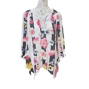 Spense 3/4 Sleeve Tunic Top. White w/ Pink & Yellow Floral. Medium